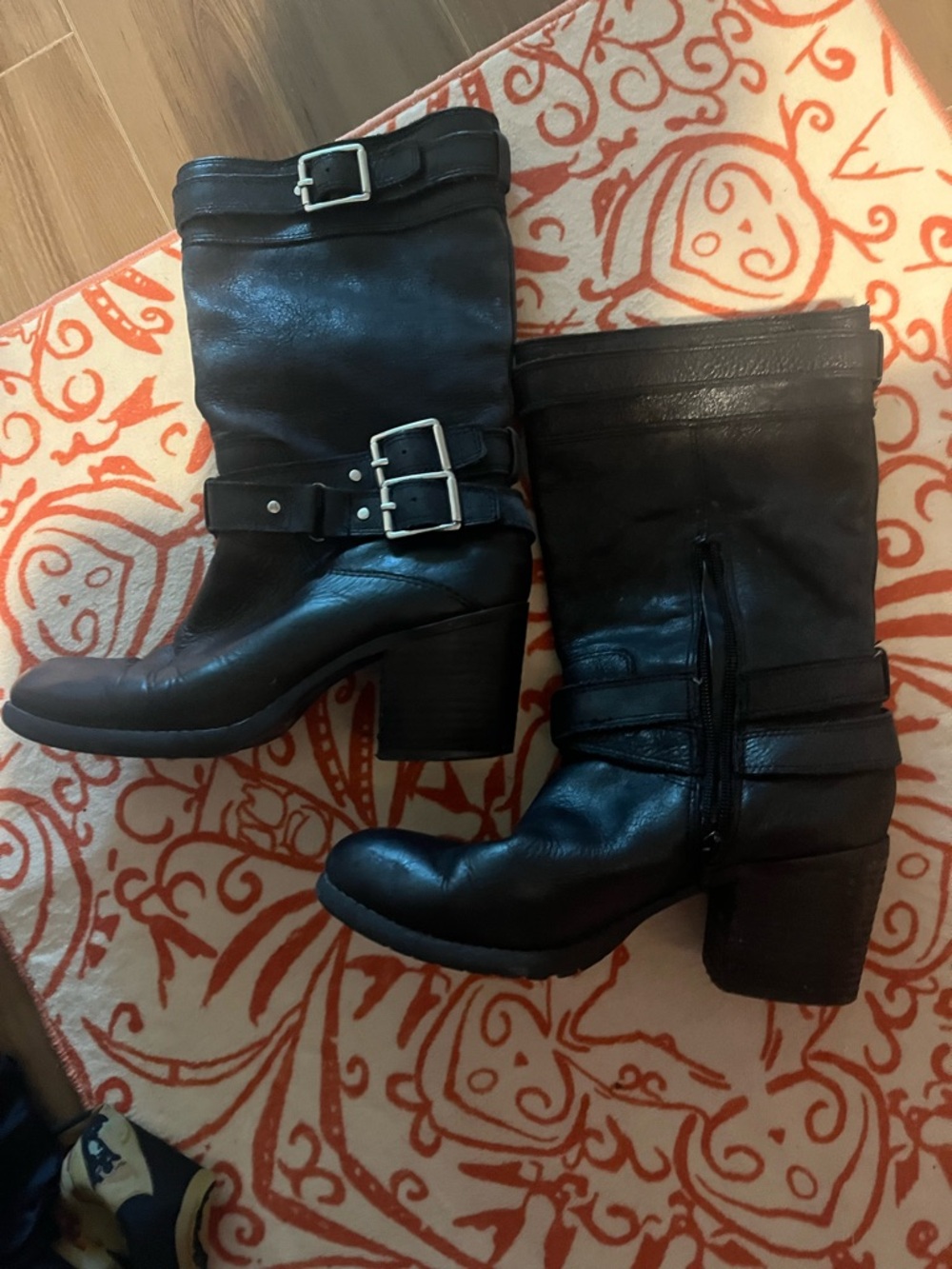 Cowgirl Black Leather Mid-Calf Buckle Boots